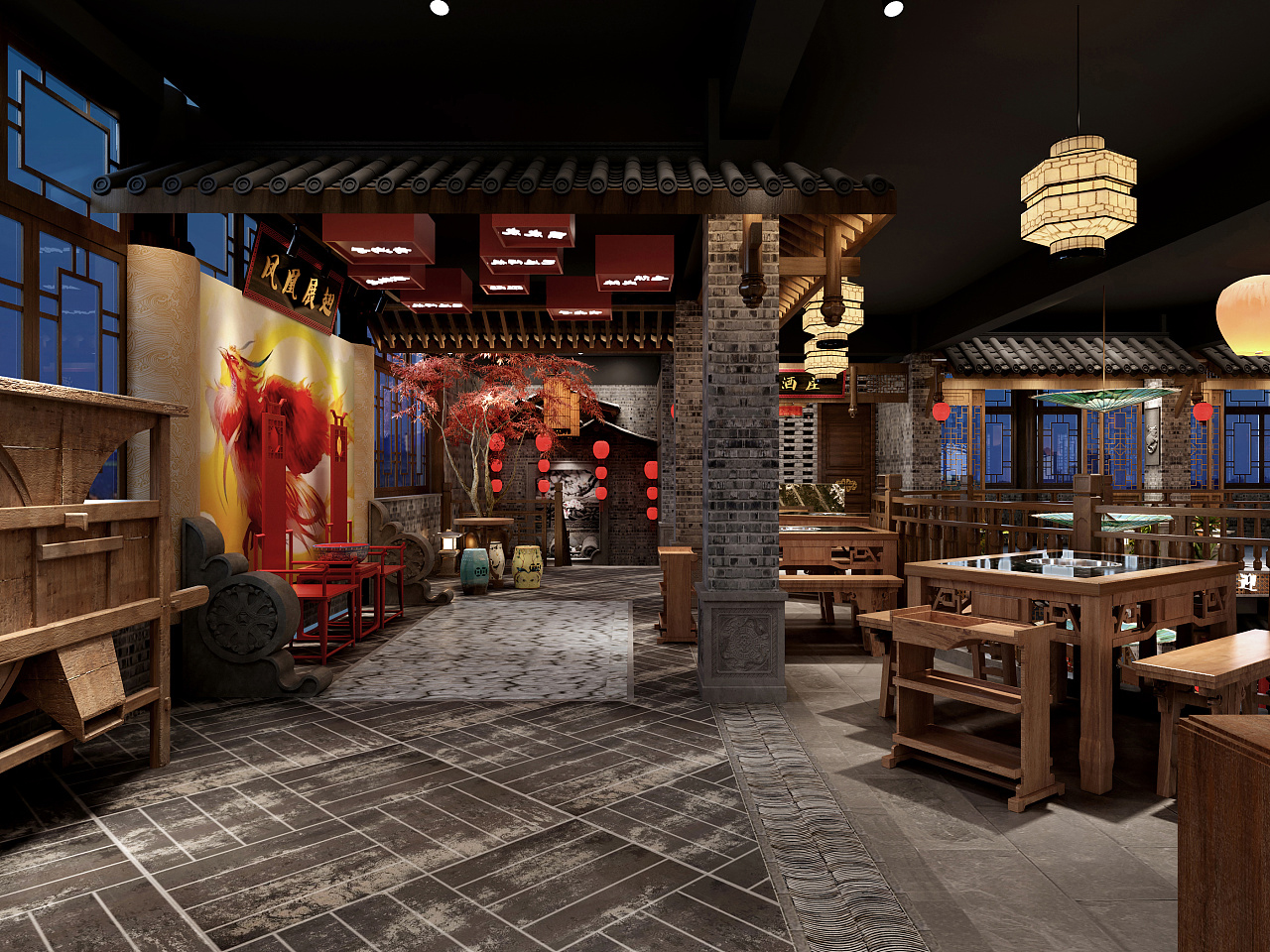 大氣複古的成都火鍋店(diàn)裝(zhuāng)修設計效果圖