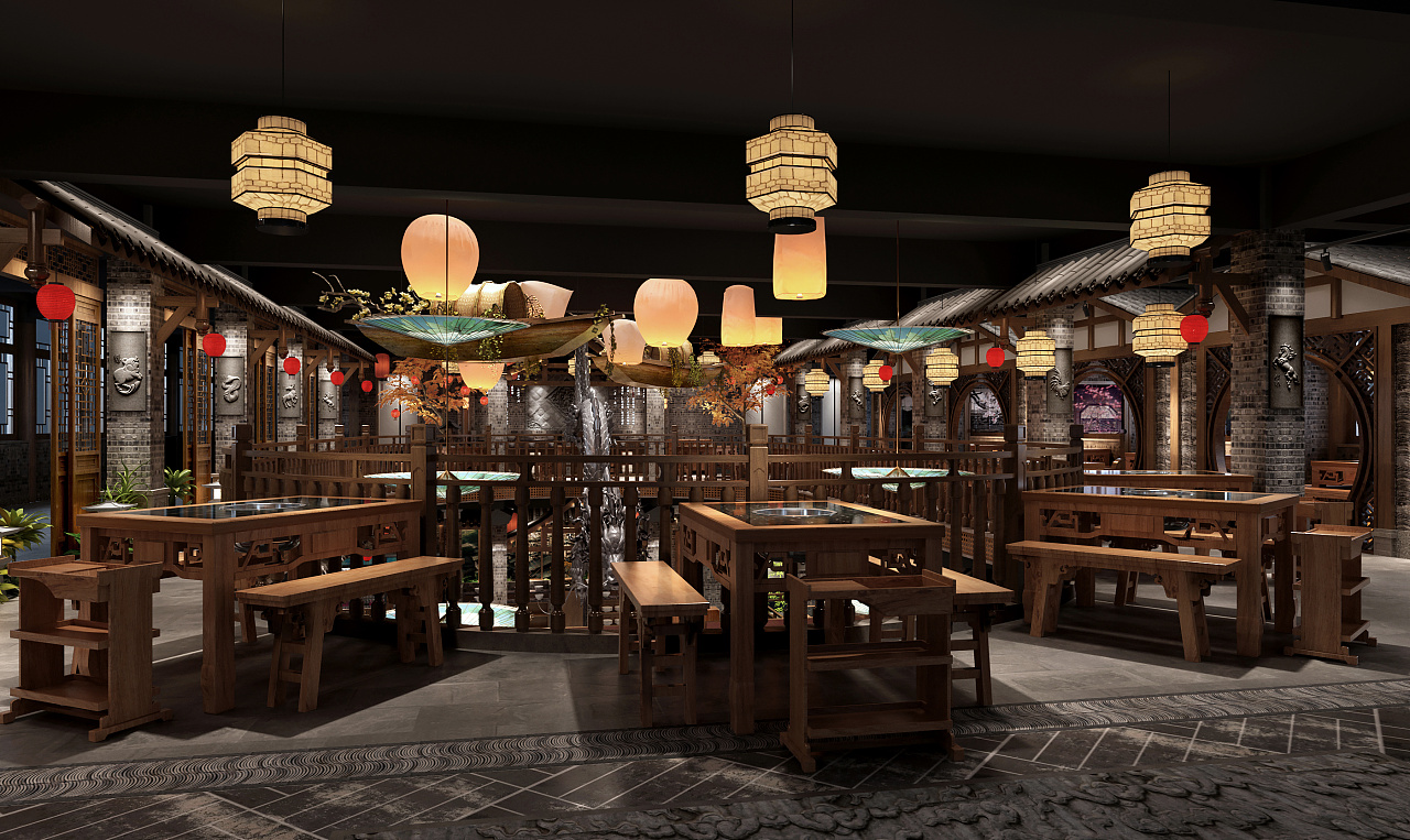 大氣複古的成都火鍋店(diàn)裝(zhuāng)修設計效果圖