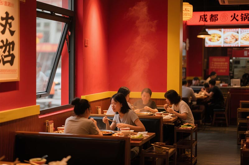 紅與黃的色彩搭配火鍋店(diàn)裝(zhuāng)修效果圖