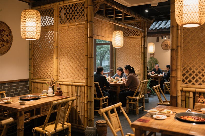 以竹編元素為(wèi)特色的火鍋店(diàn)裝(zhuāng)修效果圖