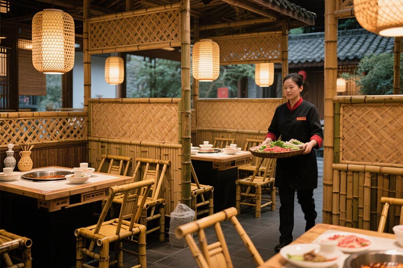 以竹編元素為(wèi)特色的火鍋店(diàn)裝(zhuāng)修效果圖