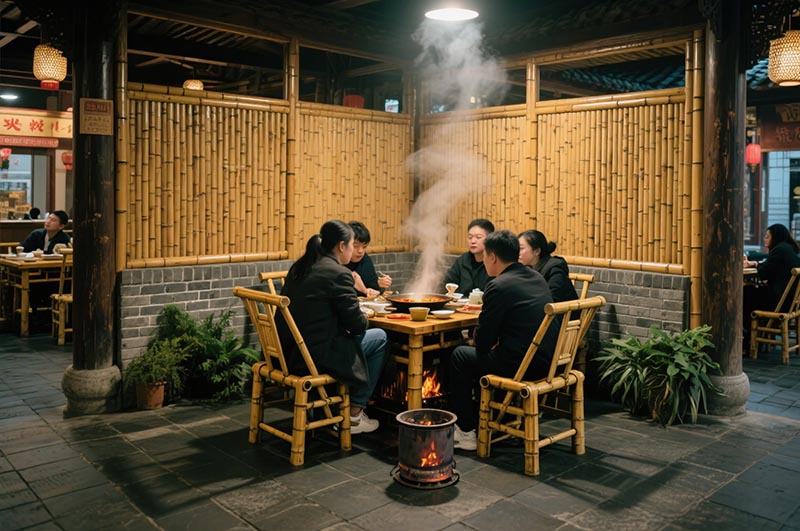 采用(yòng)竹、木(mù)、青磚等傳統材質(zhì)的火鍋店(diàn)裝(zhuāng)修效果圖