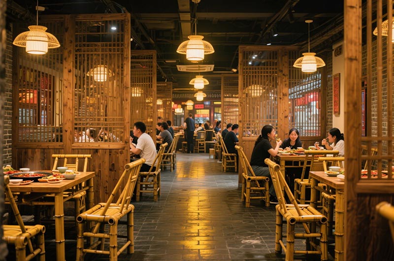 采用(yòng)竹、木(mù)、青磚等傳統材質(zhì)的火鍋店(diàn)裝(zhuāng)修效果圖