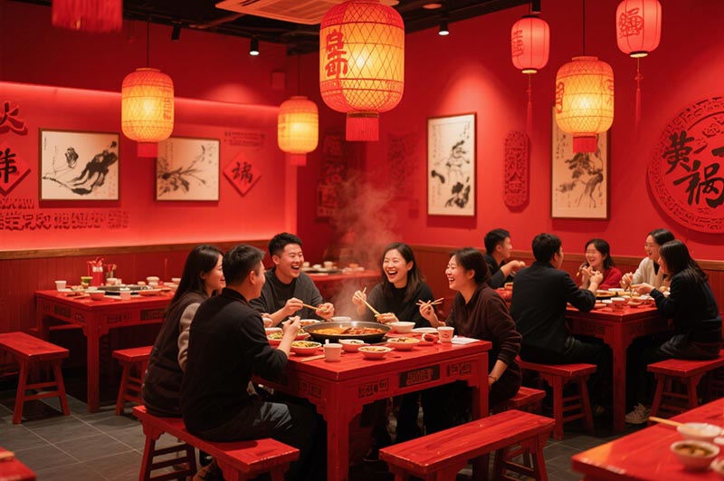 以紅色作(zuò)為(wèi)火鍋店(diàn)的經典主色調裝(zhuāng)修效果圖