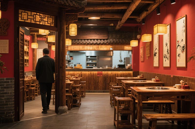 以紅色作(zuò)為(wèi)火鍋店(diàn)的經典主色調裝(zhuāng)修效果圖